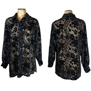 Marisol Womens Black Burnout Velvet Floral Sheer Button Up Shirt Top Small